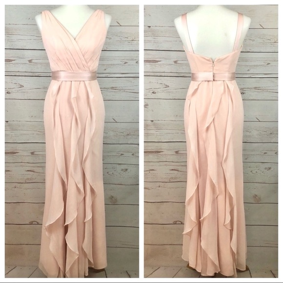 Vera Wang Blush Chiffon Formal V Neck Flange Maxi Bridesmaids Bridal Dress - Picture 1 of 9